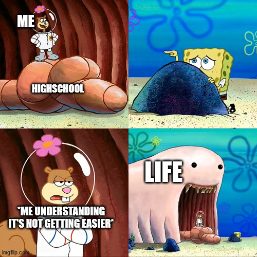 Sandy Alaskan Bull Worm | ME; HIGHSCHOOL; LIFE; *ME UNDERSTANDING IT'S NOT GETTING EASIER* | image tagged in sandy alaskan bull worm | made w/ Imgflip meme maker