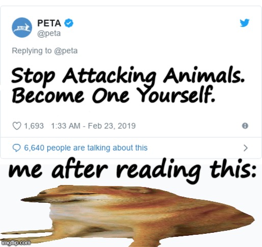 You Gotta Admit This Meme Is Funny | Stop Attacking Animals.
Become One Yourself. me after reading this: | image tagged in peta tweet | made w/ Imgflip meme maker