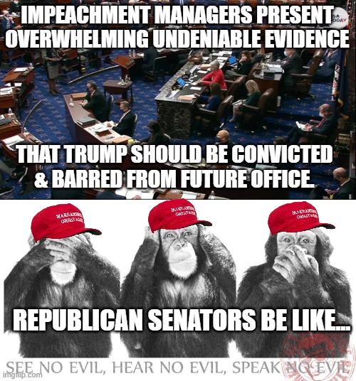 They could show video of trump putting a noose around Pelosi's neck, & it still wouldn't matter. | IMPEACHMENT MANAGERS PRESENT OVERWHELMING UNDENIABLE EVIDENCE; THAT TRUMP SHOULD BE CONVICTED & BARRED FROM FUTURE OFFICE. REPUBLICAN SENATORS BE LIKE... | image tagged in corrupt republicans,republican trump puppets | made w/ Imgflip meme maker
