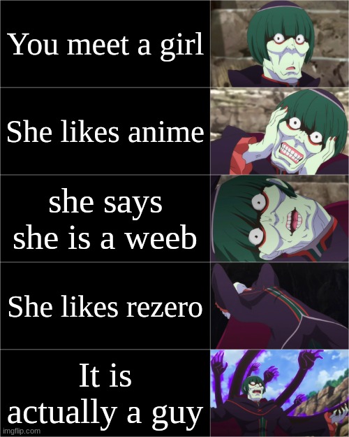 Trap | You meet a girl; She likes anime; she says she is a weeb; She likes rezero; It is actually a guy | image tagged in betelgeuse re zero 5 tier | made w/ Imgflip meme maker