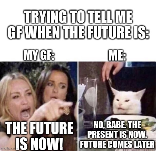 based on real life events C):3 | TRYING TO TELL ME GF WHEN THE FUTURE IS:; ME:; MY GF:; NO, BABE. THE PRESENT IS NOW. FUTURE COMES LATER; THE FUTURE IS NOW! | image tagged in real housewives screaming cat | made w/ Imgflip meme maker