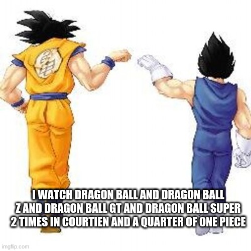 Dragon ball z bros | I WATCH DRAGON BALL AND DRAGON BALL Z AND DRAGON BALL GT AND DRAGON BALL SUPER 2 TIMES IN COURTIEN AND A QUARTER OF ONE PIECE | image tagged in dragon ball z bros | made w/ Imgflip meme maker