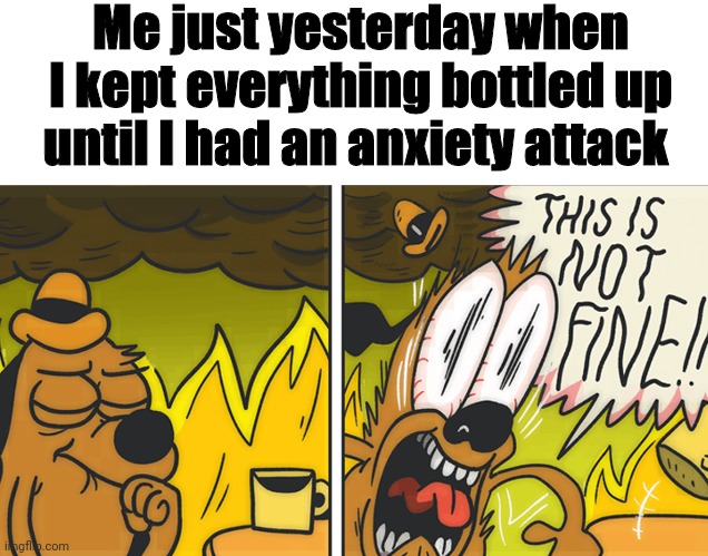 Lmao | Me just yesterday when I kept everything bottled up until I had an anxiety attack | image tagged in this is not fine | made w/ Imgflip meme maker