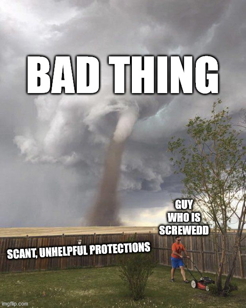 I saved the text box settings |  BAD THING; GUY WHO IS SCREWEDD; SCANT, UNHELPFUL PROTECTIONS | image tagged in mowing before the tornado | made w/ Imgflip meme maker