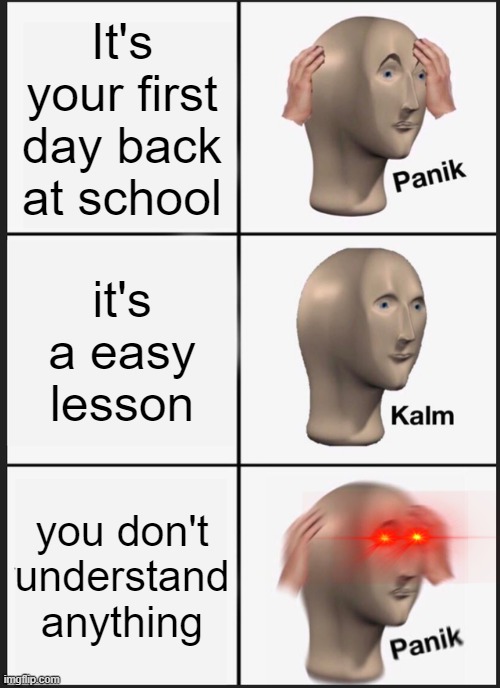 skewl problem 4 | It's your first day back at school; it's a easy lesson; you don't understand anything | image tagged in memes,panik kalm panik | made w/ Imgflip meme maker