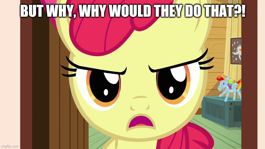 Unamused Apple Bloom (MLP) | BUT WHY, WHY WOULD THEY DO THAT?! | image tagged in unamused apple bloom mlp | made w/ Imgflip meme maker