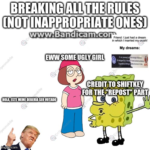 Probably gonna be sued | BREAKING ALL THE RULES (NOT INAPPROPRIATE ONES); EWW SOME UGLY GIRL; CREDIT TO SHIFTKEY FOR THE "REPOST" PART; HOLA, ESTE MEME DEBERÍA SER VOTADO | image tagged in imgflip,evil,spongebob,donald trump,family guy,repost | made w/ Imgflip meme maker