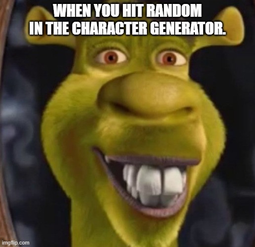 Random | WHEN YOU HIT RANDOM IN THE CHARACTER GENERATOR. | image tagged in funny,memes,lol,shrek | made w/ Imgflip meme maker