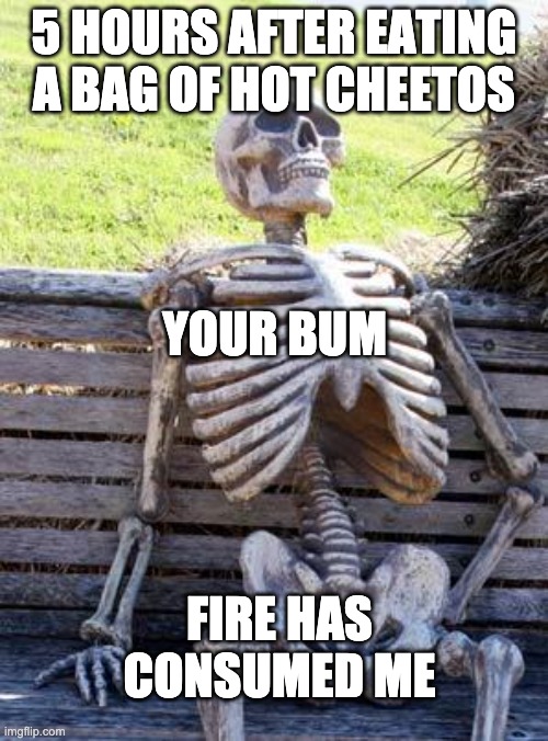 this happened to me | 5 HOURS AFTER EATING A BAG OF HOT CHEETOS; YOUR BUM; FIRE HAS CONSUMED ME | image tagged in memes,waiting skeleton | made w/ Imgflip meme maker