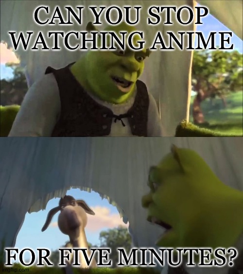 shrek five minutes | CAN YOU STOP WATCHING ANIME; FOR FIVE MINUTES? | image tagged in anime,sucks,shut,up,weebs,oh wow are you actually reading these tags | made w/ Imgflip meme maker