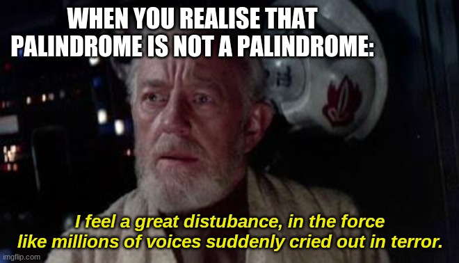 what is the meaning of life? does 1+1 actually=2? AAAAAAAAAAAAAAAAAA | WHEN YOU REALISE THAT PALINDROME IS NOT A PALINDROME:; I feel a great disturbance, in the force like millions of voices suddenly cried out in terror. | image tagged in disturbance in the force,aaa | made w/ Imgflip meme maker