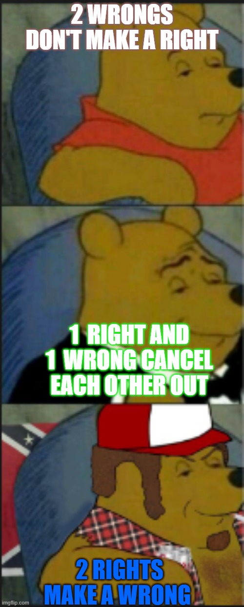 Winne the Pooh Tuxedo, Redneck, and regular | 2 WRONGS DON'T MAKE A RIGHT; 1  RIGHT AND 1  WRONG CANCEL EACH OTHER OUT; 2 RIGHTS MAKE A WRONG | image tagged in winne the pooh tuxedo redneck and regular | made w/ Imgflip meme maker
