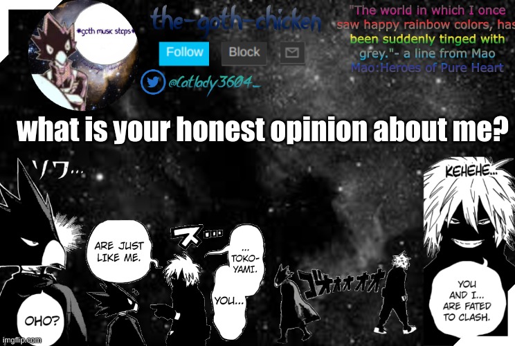 so... | what is your honest opinion about me? | image tagged in the-goth-chicken's announcement template 2 | made w/ Imgflip meme maker