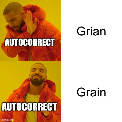 Autocorrect likes Bread | Grian; AUTOCORRECT; Grain; AUTOCORRECT | image tagged in memes,drake hotline bling | made w/ Imgflip meme maker