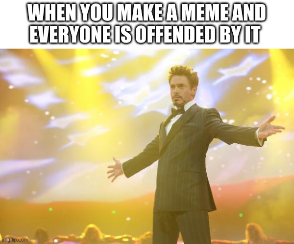 Tony Stark success | WHEN YOU MAKE A MEME AND EVERYONE IS OFFENDED BY IT | image tagged in tony stark success | made w/ Imgflip meme maker