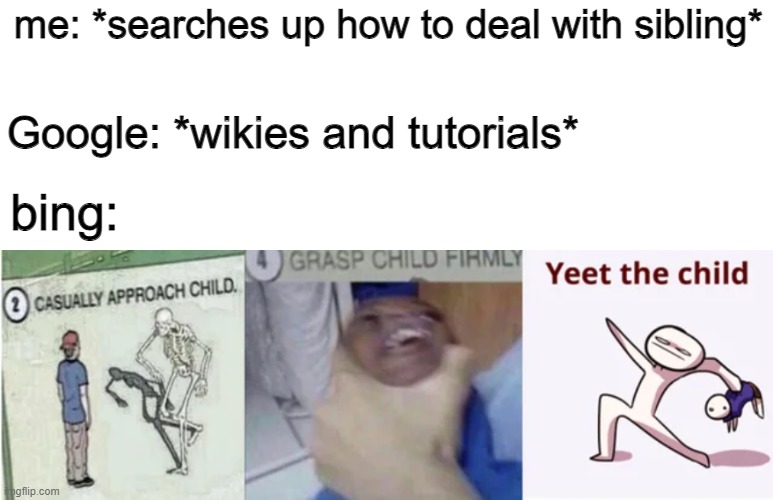 lol | me: *searches up how to deal with sibling*; Google: *wikies and tutorials*; bing: | image tagged in casually approach child grasp child firmly yeet the child | made w/ Imgflip meme maker