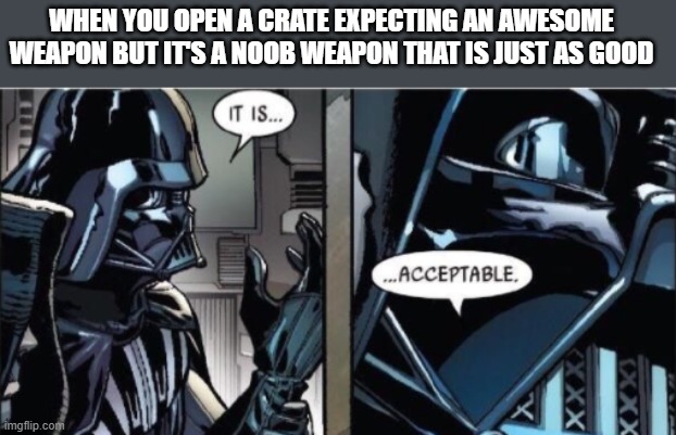 It Is Acceptable | WHEN YOU OPEN A CRATE EXPECTING AN AWESOME WEAPON BUT IT'S A NOOB WEAPON THAT IS JUST AS GOOD | image tagged in it is acceptable,guild wars 2 | made w/ Imgflip meme maker