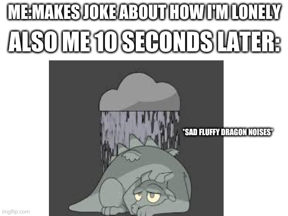 HAHA....im so lonely..... | ALSO ME 10 SECONDS LATER:; ME:MAKES JOKE ABOUT HOW I'M LONELY; *SAD FLUFFY DRAGON NOISES* | made w/ Imgflip meme maker