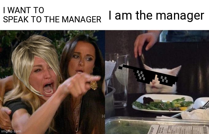 Woman Yelling At Cat | I WANT TO SPEAK TO THE MANAGER; I am the manager | image tagged in memes,woman yelling at cat | made w/ Imgflip meme maker