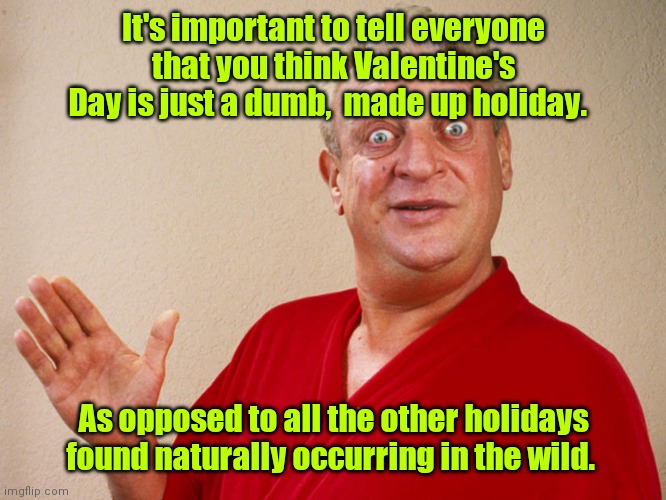It's a made up holiday. | It's important to tell everyone that you think Valentine's Day is just a dumb,  made up holiday. As opposed to all the other holidays found naturally occurring in the wild. | image tagged in rodney dangerfield,funny | made w/ Imgflip meme maker