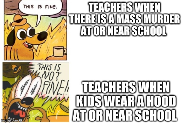 This is Fine, This is Not Fine | TEACHERS WHEN THERE IS A MASS MURDER AT OR NEAR SCHOOL; TEACHERS WHEN KIDS WEAR A HOOD AT OR NEAR SCHOOL | image tagged in this is fine this is not fine | made w/ Imgflip meme maker