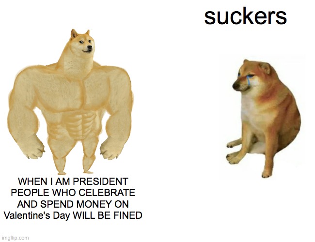 Buff Doge vs. Cheems | suckers; WHEN I AM PRESIDENT PEOPLE WHO CELEBRATE AND SPEND MONEY ON Valentine's Day WILL BE FINED | image tagged in memes,buff doge vs cheems | made w/ Imgflip meme maker