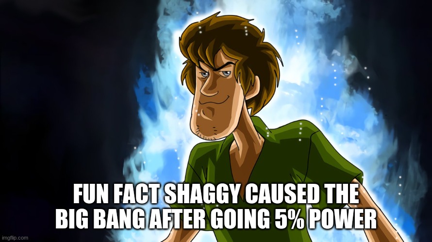 Zoinks | FUN FACT SHAGGY CAUSED THE BIG BANG AFTER GOING 5% POWER | image tagged in ultra instinct shaggy,big brain | made w/ Imgflip meme maker