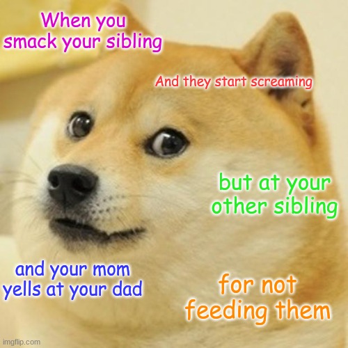 Doge | When you smack your sibling; And they start screaming; but at your other sibling; and your mom yells at your dad; for not feeding them | image tagged in memes,doge | made w/ Imgflip meme maker