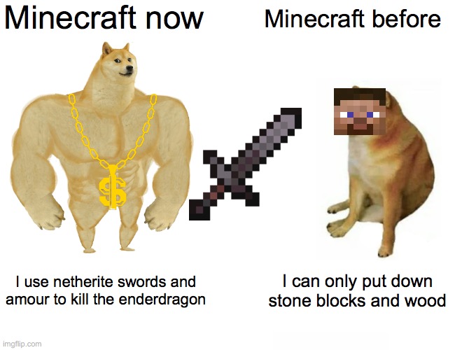 Buff Doge vs. Cheems | Minecraft now; Minecraft before; I use netherite swords and amour to kill the enderdragon; I can only put down stone blocks and wood | image tagged in memes,buff doge vs cheems | made w/ Imgflip meme maker