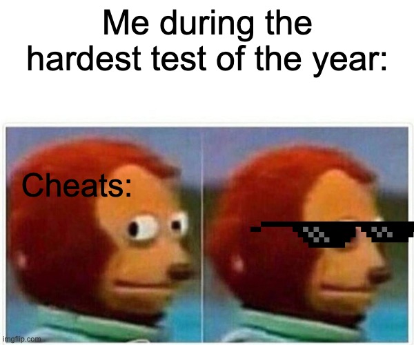 Monkey Puppet | Me during the hardest test of the year:; Cheats: | image tagged in memes,monkey puppet | made w/ Imgflip meme maker