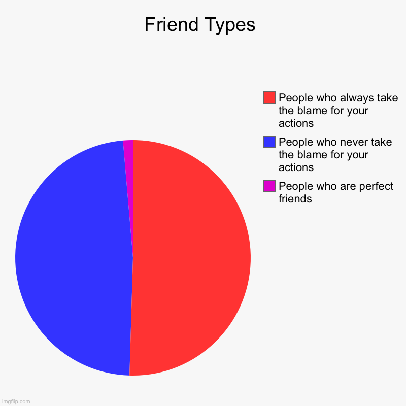 Friend Types | People who are perfect friends, People who never take the blame for your actions , People who always take the blame for your  | image tagged in charts,pie charts | made w/ Imgflip chart maker