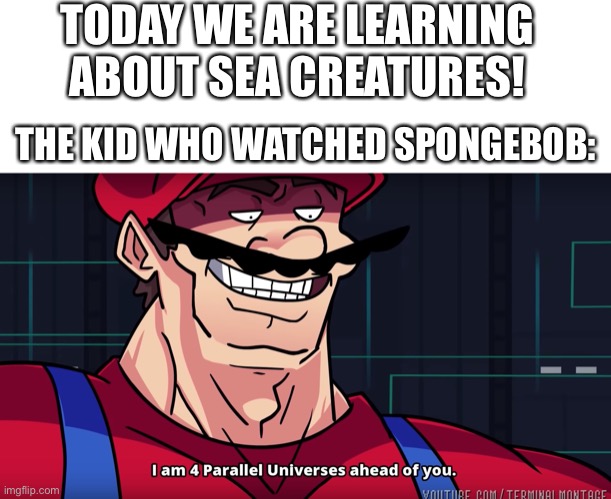Some funny title | TODAY WE ARE LEARNING ABOUT SEA CREATURES! THE KID WHO WATCHED SPONGEBOB: | image tagged in blank white template,mario i am four parallel universes ahead of you,spongebob | made w/ Imgflip meme maker