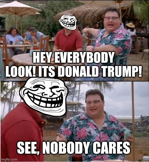LOL | HEY EVERYBODY LOOK! ITS DONALD TRUMP! SEE, NOBODY CARES | image tagged in memes,see nobody cares | made w/ Imgflip meme maker