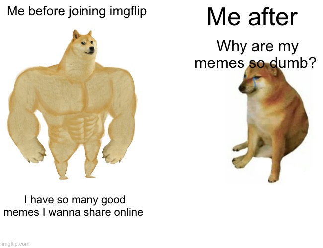 Buff Doge vs. Cheems Meme | Me before joining imgflip; Me after; Why are my memes so dumb? I have so many good memes I wanna share online | image tagged in memes,buff doge vs cheems | made w/ Imgflip meme maker