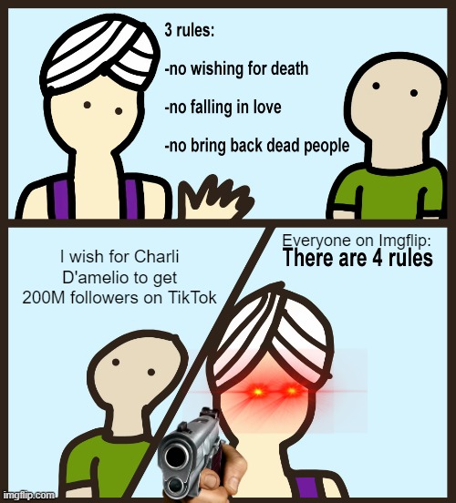 Charli has no talent is the understatement of 2021 | Everyone on Imgflip:; I wish for Charli D'amelio to get 200M followers on TikTok | image tagged in genie rules meme | made w/ Imgflip meme maker