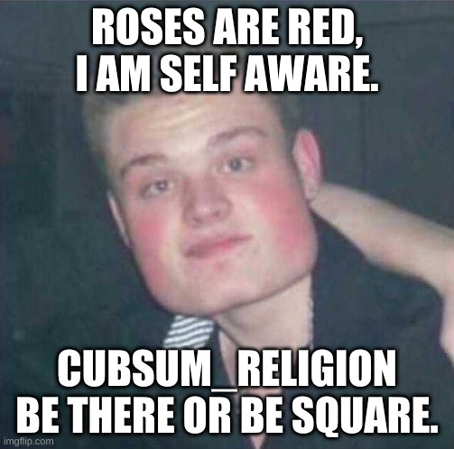 Advertisement | ROSES ARE RED, I AM SELF AWARE. CUBSUM_RELIGION BE THERE OR BE SQUARE. | image tagged in be there or be square | made w/ Imgflip meme maker