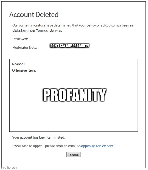 banned from ROBLOX | DON’T SAY ANY PROFANITY; PROFANITY | image tagged in banned from roblox | made w/ Imgflip meme maker