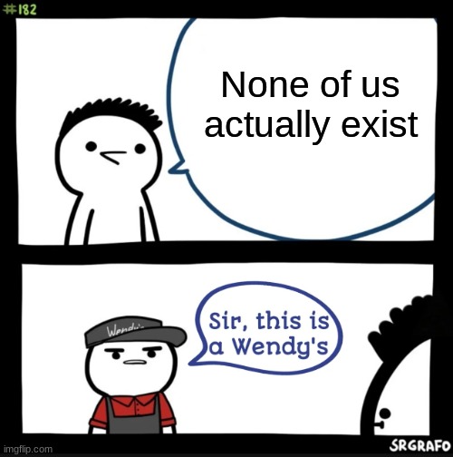 Sir this is a wendys | None of us actually exist | image tagged in sir this is a wendys,more existential crisis,why 100,memes | made w/ Imgflip meme maker