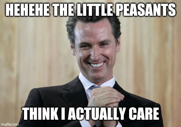 Scheming Gavin Newsom  | HEHEHE THE LITTLE PEASANTS; THINK I ACTUALLY CARE | image tagged in scheming gavin newsom | made w/ Imgflip meme maker