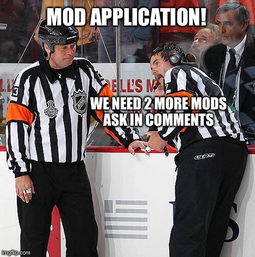 Requirements in comments too |  MOD APPLICATION! WE NEED 2 MORE MODS

ASK IN COMMENTS | image tagged in hockey referee,mod application,imgflip mods,hockey | made w/ Imgflip meme maker