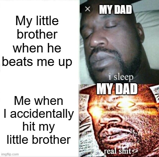 bruh | My little brother when he beats me up; MY DAD; MY DAD; Me when I accidentally hit my little brother | image tagged in memes,sleeping shaq,relatable,brother,dad | made w/ Imgflip meme maker