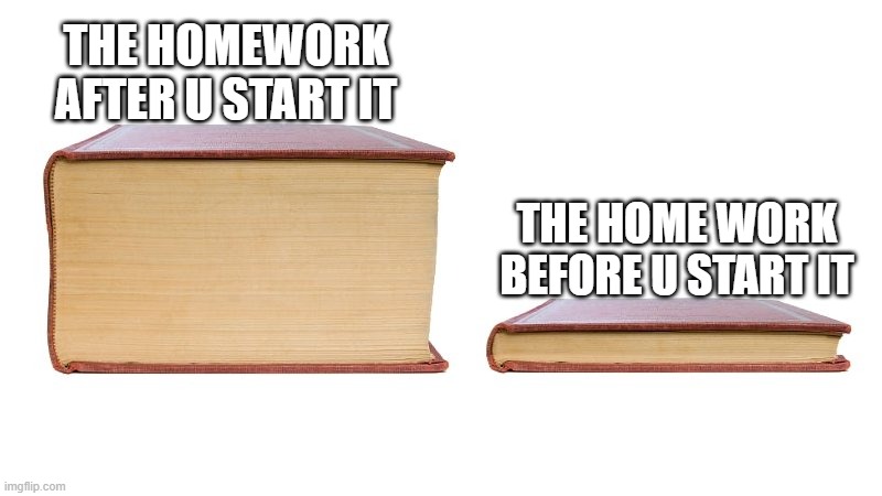 homework | THE HOMEWORK AFTER U START IT; THE HOME WORK BEFORE U START IT | image tagged in thick book thin book | made w/ Imgflip meme maker