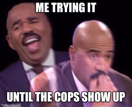 Steve Harvey Laughing Serious | ME TRYING IT UNTIL THE COPS SHOW UP | image tagged in steve harvey laughing serious | made w/ Imgflip meme maker