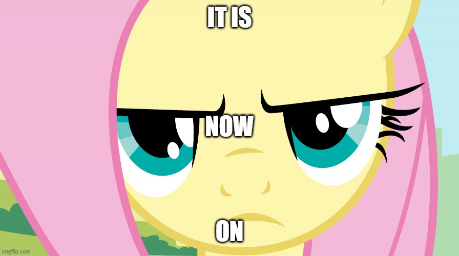 It is ON! |  IT IS; NOW; ON | image tagged in fluttershy not amused mlp,meme,the stare,mlp,fruit federation | made w/ Imgflip meme maker