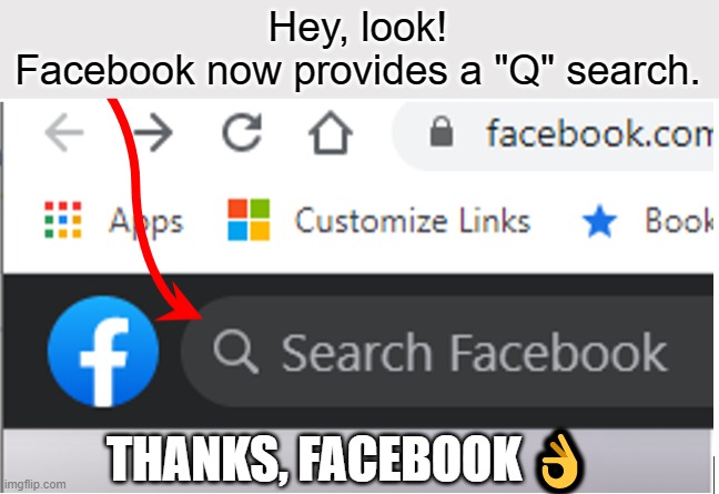 Facebook "Q" Search | Hey, look!
Facebook now provides a "Q" search. THANKS, FACEBOOK 👌 | image tagged in q,facebook,search | made w/ Imgflip meme maker