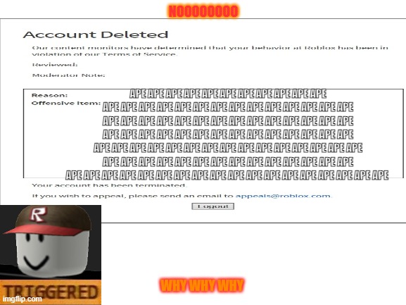 I'm TRIGGERED, I actually got a warning for spamming "APE" in Roblox chat | NOOOOOOOO; APE APE APE APE APE APE APE APE APE APE APE APE APE APE APE APE APE APE APE APE APE APE APE APE APE APE APE APE APE APE APE APE APE APE APE APE APE APE APE APE APE APE APE APE APE APE APE APE APE APE APE APE APE APE APE APE APE APE APE APE APE APE APE APE APE APE APE APE APE APE APE APE APE APE APE APE APE APE APE APE APE APE APE APE APE APE APE APE APE APE APE APE APE APE APE APE APE APE APE APE; WHY WHY WHY | image tagged in roblox meme,funny,lol so funny,help | made w/ Imgflip meme maker