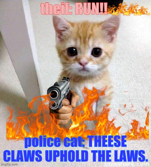 Cute Cat Meme | theif: RUN!! police cat: THEESE CLAWS UPHOLD THE LAWS. | image tagged in memes,cute cat | made w/ Imgflip meme maker