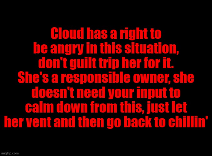 blank black | Cloud has a right to be angry in this situation, don't guilt trip her for it.
She's a responsible owner, she doesn't need your input to calm down from this, just let her vent and then go back to chillin' | image tagged in blank black | made w/ Imgflip meme maker