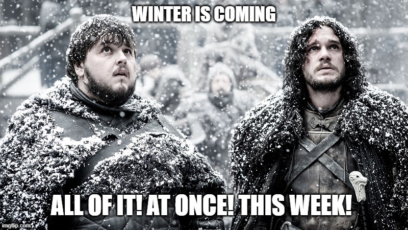 Winter is coming | WINTER IS COMING; ALL OF IT! AT ONCE! THIS WEEK! | image tagged in texas,game of thrones,winter is coming | made w/ Imgflip meme maker