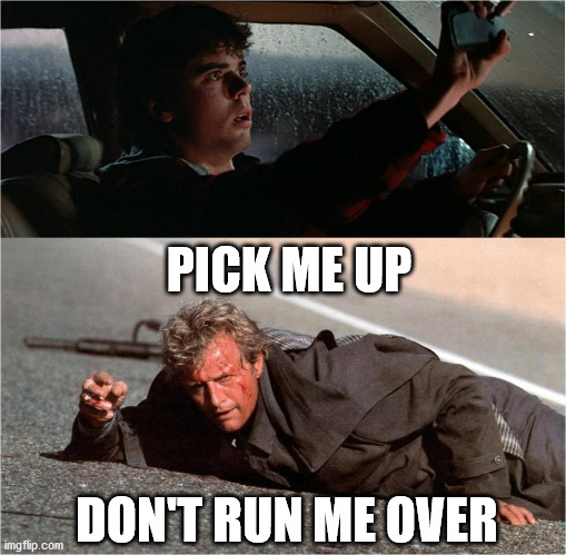 Hitcher | PICK ME UP DON'T RUN ME OVER | image tagged in hitcher | made w/ Imgflip meme maker